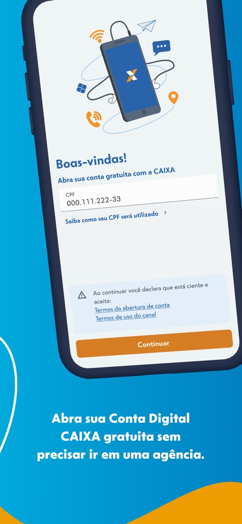 CAIXA - Esta pantalla de "Boas-vindas!" guía a los nuevos usuarios a través de la apertura de cuenta, mostrando un campo claro para ingresar el "CPF" y enlaces a los términos y condiciones.