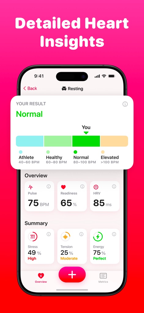 HeartApp: Heart Rate Monitor - This tool provides comprehensive health insights, showcasing a "YOUR RESULT Normal" indicator and a summary of metrics including HRV and Stress percentage.