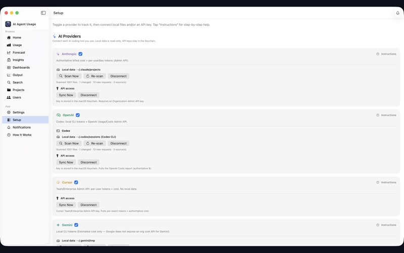 AI Agent Usage — Setup: connect your providers and API keys