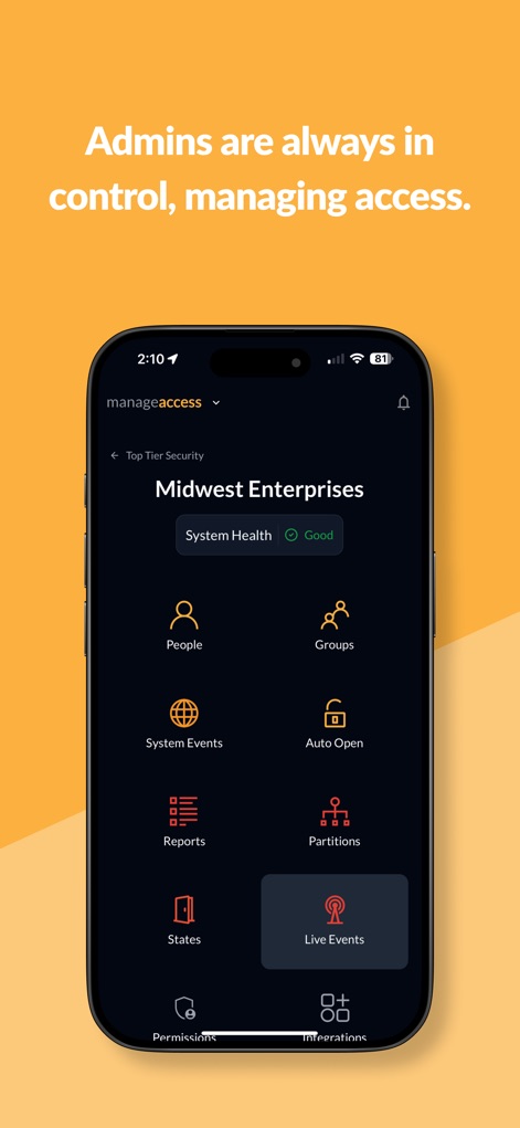 PDK Access by ProdataKey - 관리자는 '시스템 상태' 표시를 통해 전체 시스템의 건강 상태를 한눈에 파악하고, '사용자 관리'와 같은 다양한 아이콘을 통해 접근 제어 기능을 쉽게 관리할 수 있습니다.