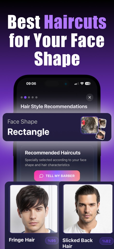 AI Hair Style&Care - HairMaxx - Users can discover ideal looks through the app's 'Face Shape' analysis, which then provides personalized 'Recommended Haircuts' like Fringe Hair and Slicked Back Hair.