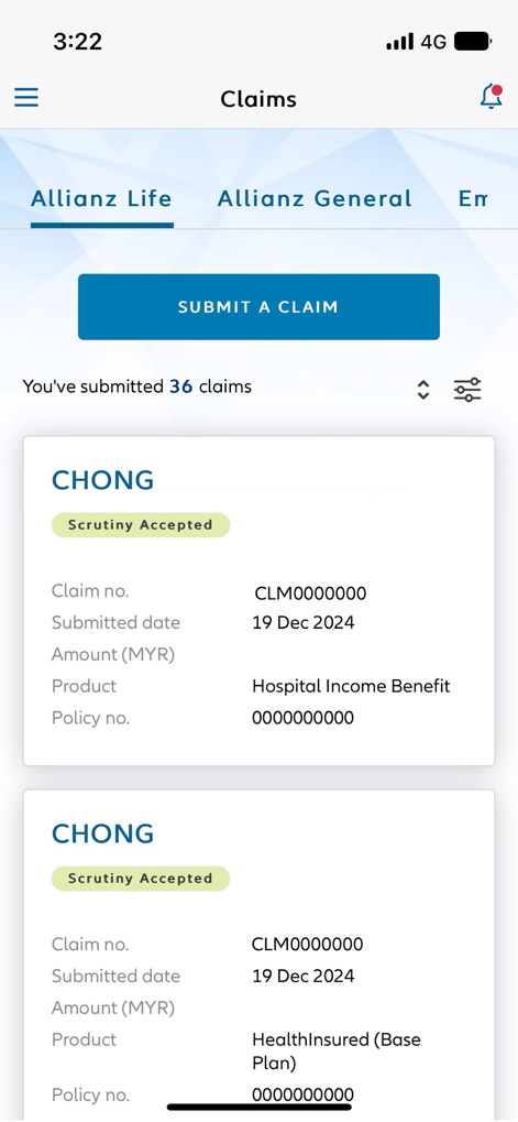 MyAllianz MY - Os usuários podem gerenciar e submeter sinistros através do botão 'SUBMIT A CLAIM' e visualizar o status de cada um, como 'Scrutiny Accepted'.