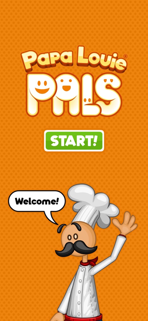 Papa Louie Pals - This initial screen displays the iconic Papa Louie Pals logo and an inviting "START!" button, setting the stage for character creation.