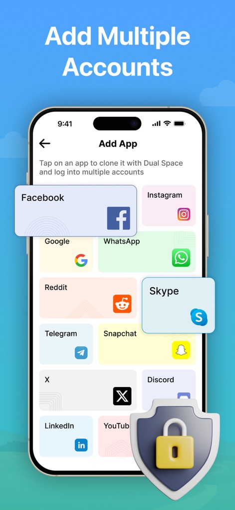 Parallel Space ~ App Cloning - This view presents a comprehensive selection of apps, including Facebook and Instagram, that users can easily clone to create dual accounts, all protected by a prominent security shield icon.