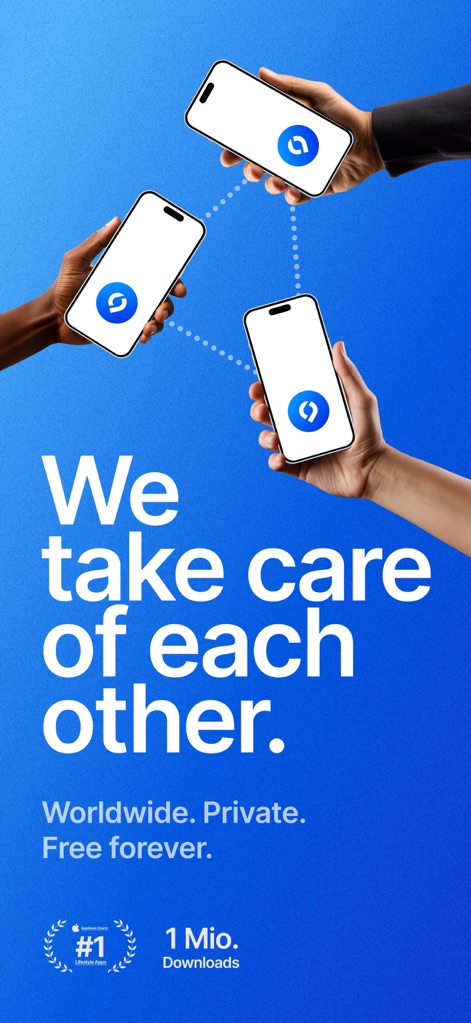 SafeNow™ - Observe how the app connects users across a global network, emphasizing its widespread adoption and the trusted app logo on each device.
