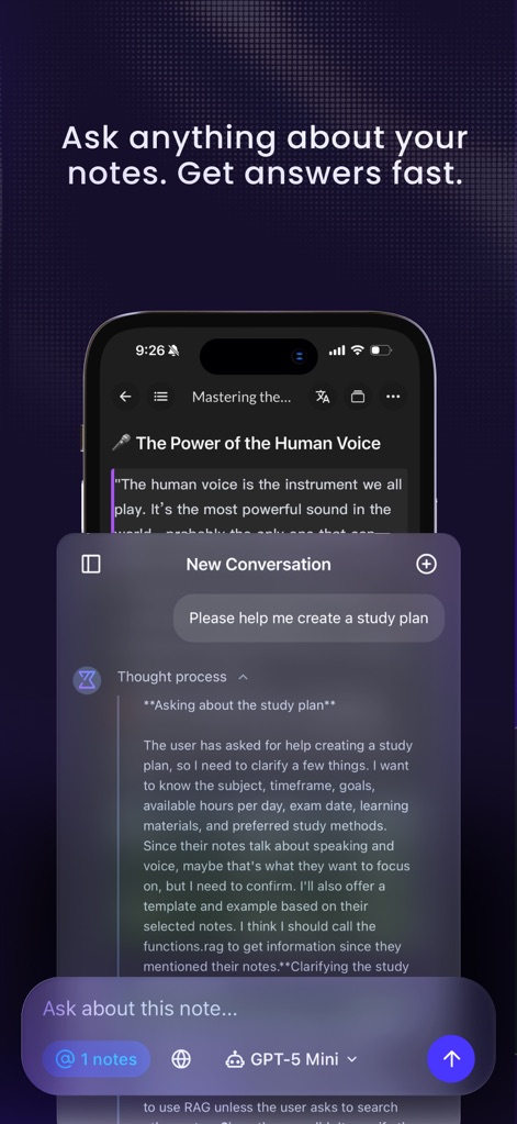 ThetaWave-AI Study Notes - This feature allows users to engage with their notes via a conversational AI interface and observe the AI's detailed 'Thought process' for personalized assistance.