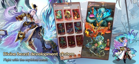 X-Samkok - This visual illustrates the unique "Divine beast development system" where users can train and evolve various "mythical beast cards" to fight alongside their heroes.