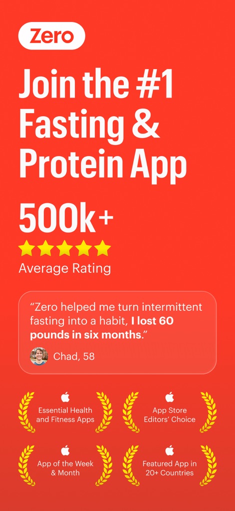 Zero: Fasting & Food Tracker - Discover the app's industry recognition through its '500k+ Average Rating' and the 'Apple App Store Editors' Choice' award, alongside inspiring user testimonials.