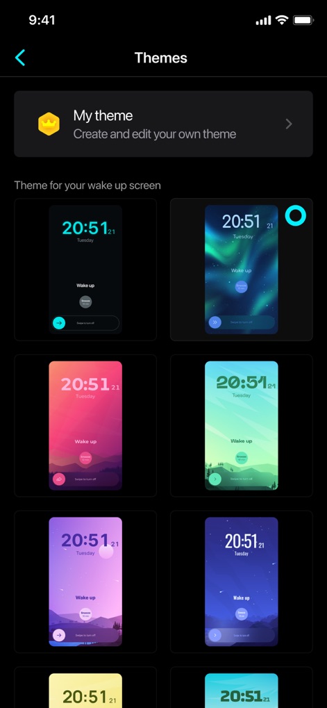 Smart Alarm Clock - Waking Up - The app provides extensive visual customization through diverse theme previews and a dedicated 'My theme' option for personalized aesthetics.