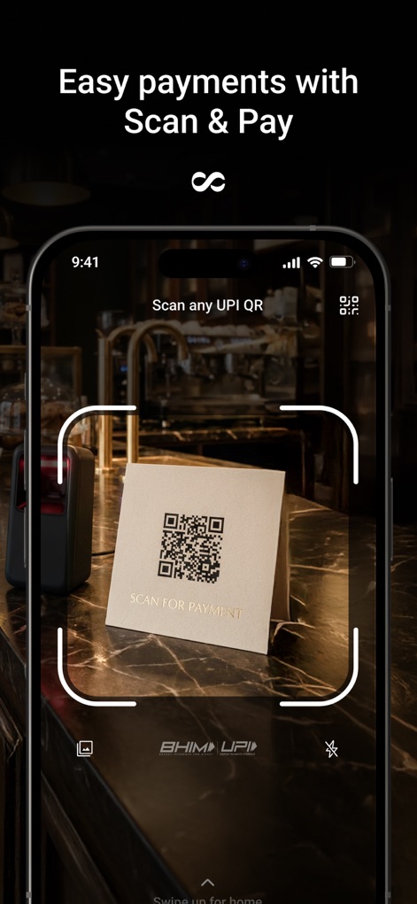 Kotak Bank (New) - Les utilisateurs peuvent effectuer des paiements rapides via la fonction 'Scan any UPI QR' et bénéficient de la sécurité du système BHIM UPI.