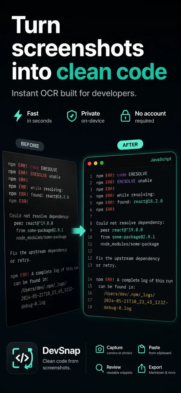 #1. DevSnap: Code OCR Scanner (iOS) Oleh: AICreator