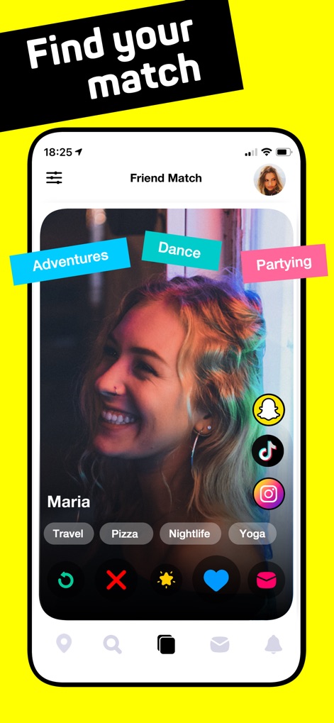 Buzz - Make friends - This screen showcases user profiles with personalized interest tags like 'Adventures' and 'Partying', alongside integrated social media icons for deeper connection.