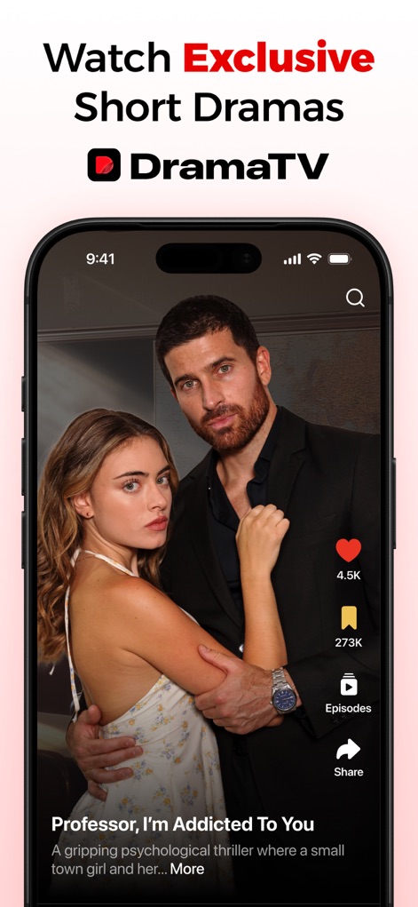 DramaTV – Watch Drama Shorts - La aplicación presenta una interfaz de reproducción de video inmersiva, donde los usuarios pueden disfrutar de dramas cortos exclusivos con detalles como el título de la serie y los likes recibidos.