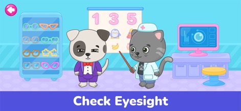 Kids Doctor Games: Hospital 3+ - Nutzer können spielerisch die Sehkraft eines Hundepatienten testen, indem sie auf eine Sehtafel mit Zahlen und eine Auswahl an Brillen in einem Schrank zugreifen, um die Rolle eines Augenarztes zu erleben.