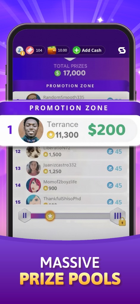 Solitaire Skillz - Win Cash - La aplicación presenta un sistema de clasificación detallado con el usuario Terrance liderando la tabla de premios de $200, mostrando cómo se distribuyen los premios acumulados en los masivos pozos.