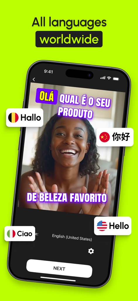 AutoCap: Auto Video Captions - O aplicativo oferece suporte abrangente a idiomas globais, como demonstrado pelas diversas legendas e bandeiras exibidas ao redor da usuária, e reforçado pelo título "All languages worldwide".