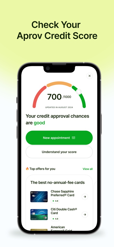 Aprov: Compare Cards - Users can monitor their credit approval chances with a clear score visualization and explore top card offers specifically curated based on their profile.