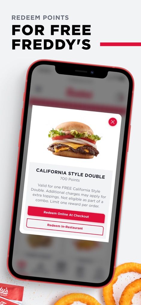 Freddy’s - Users can effortlessly redeem accumulated points for free Freddy's items, choosing between online checkout redemption or in-restaurant use for specific rewards.