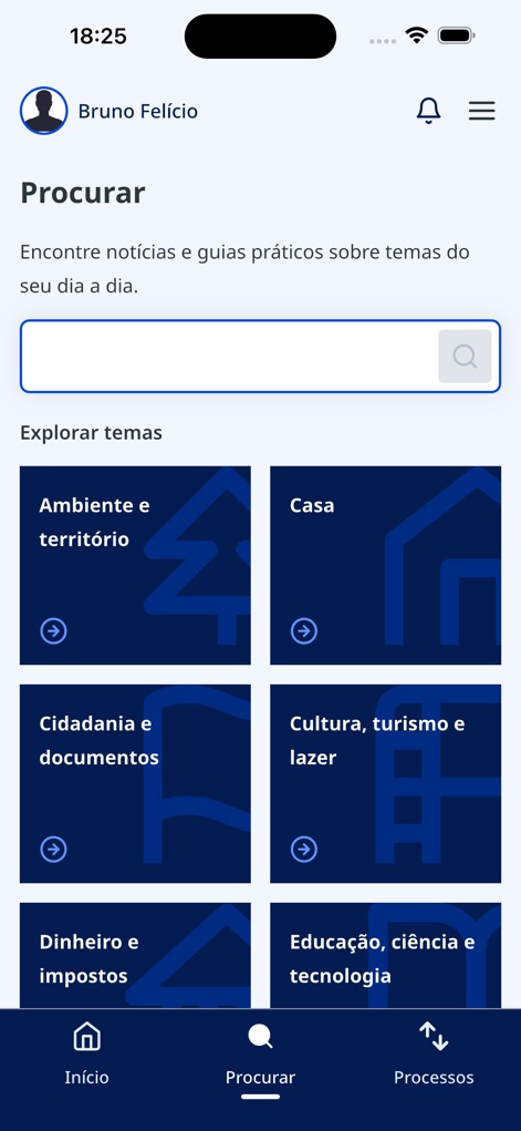gov.pt - The 'Procurar' section features a prominent search bar for easy information retrieval and visually distinct thematic categories like 'Cidadania e documentos' and 'Dinheiro e impostos' for guided exploration.