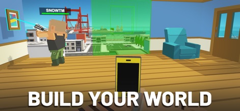 Simple Sandbox 2 - The app enables users to sculpt their environment, utilizing tools like the laser gun to project a green building outline onto the landscape.