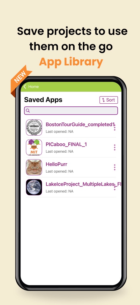 MIT App Inventor - Effortlessly manage and access saved projects within the comprehensive 'App Library', allowing users to sort and revisit their creations anytime.