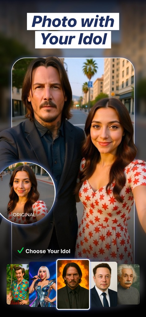 Photica・Live Photo AI Animator - Dieses Tool ermöglicht es, sich neben prominenten Idolen zu positionieren, wobei die realistische Integration der Person in das gewählte Szenario beeindruckend ist.