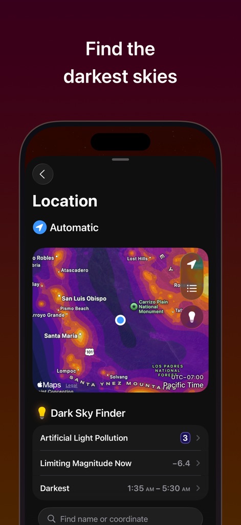 Sky Guide - Esta característica ayuda a los usuarios a encontrar los mejores lugares para observar, utilizando un "Dark Sky Finder" en el mapa para indicar zonas de baja "Artificial Light Pollution".