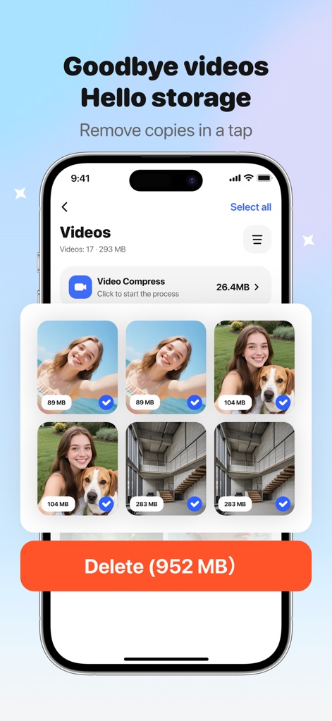 AI CleanKit: Phone Cleaner Pro - Users can easily reclaim significant storage with the video management tool, which displays video thumbnails with their individual sizes and a clear button for bulk deletion with total space saved.