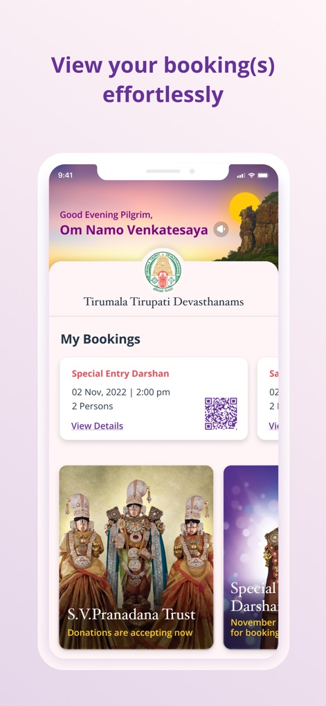 TTDevasthanams - Users can effortlessly view and manage their bookings, with clear details for Special Entry Darshan and an associated QR code for seamless entry.