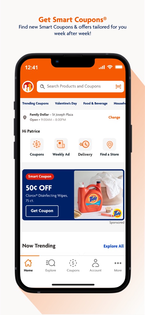 Family Dollar - L'app mette in risalto i "Smart Coupons", come l'offerta "50¢ OFF Clorox", e presenta schede di categorie di coupon come "Trending Coupons" per una facile navigazione.