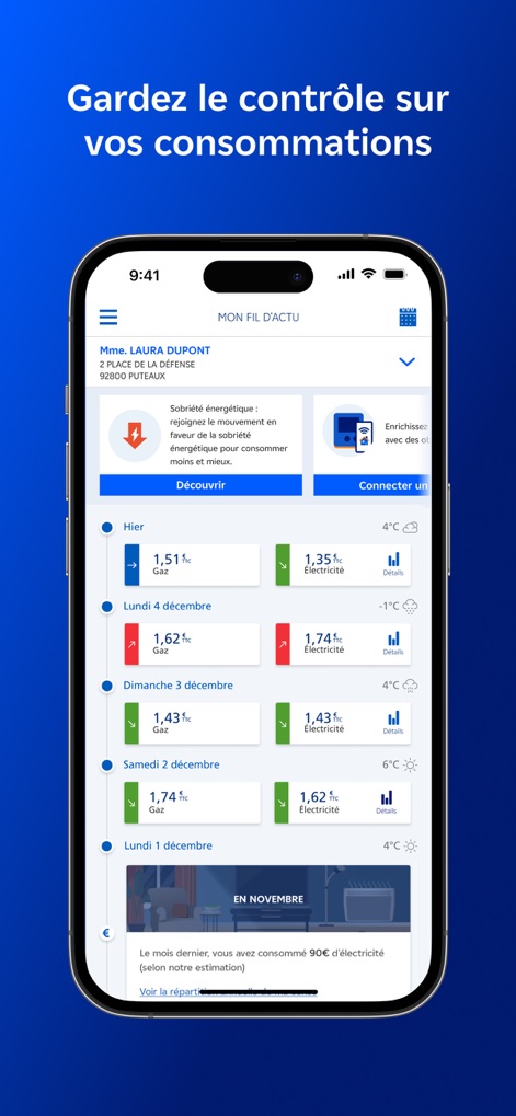 EDF & MOI - Les utilisateurs accèdent à leur fil d'actualité pour visualiser l'évolution quotidienne de leur consommation et découvrir des conseils pour une meilleure sobriété énergétique.