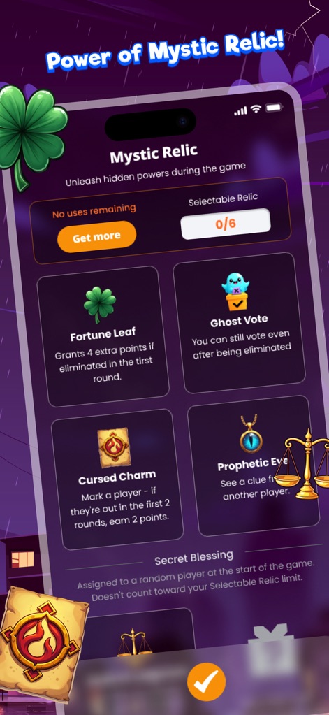 Uncover Lies: Imposter Game - The app offers a strategic advantage through its "Mystic Relic" menu, presenting distinct power-ups like the "Fortune Leaf" and "Prophetic Eye."
