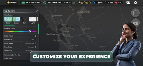 Truck Manager - 2026 - Users can select from multiple map display options and access detailed route customization features to "Customize Your Experience" in the app.