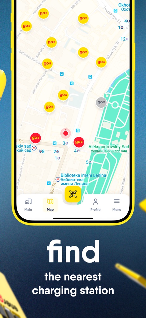 EnerGO: аренда пауэрбанков - Users can quickly locate available charging stations on an interactive map and easily navigate through the app via the intuitive bottom menu bar.