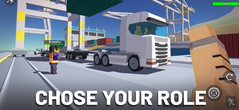 Simple Sandbox 2 - Users can immerse themselves in various roles, illustrated by a character operating a large truck alongside shipping containers in a bustling port.