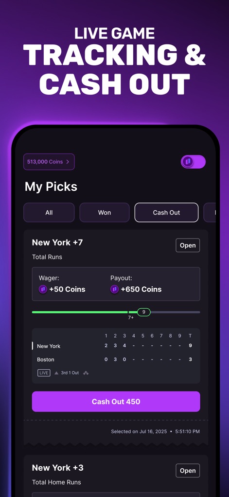 Onyx - Sports Picks - The app provides dynamic in-game action management, allowing users to utilize the "Cash Out" feature and track real-time game scores within their active picks.