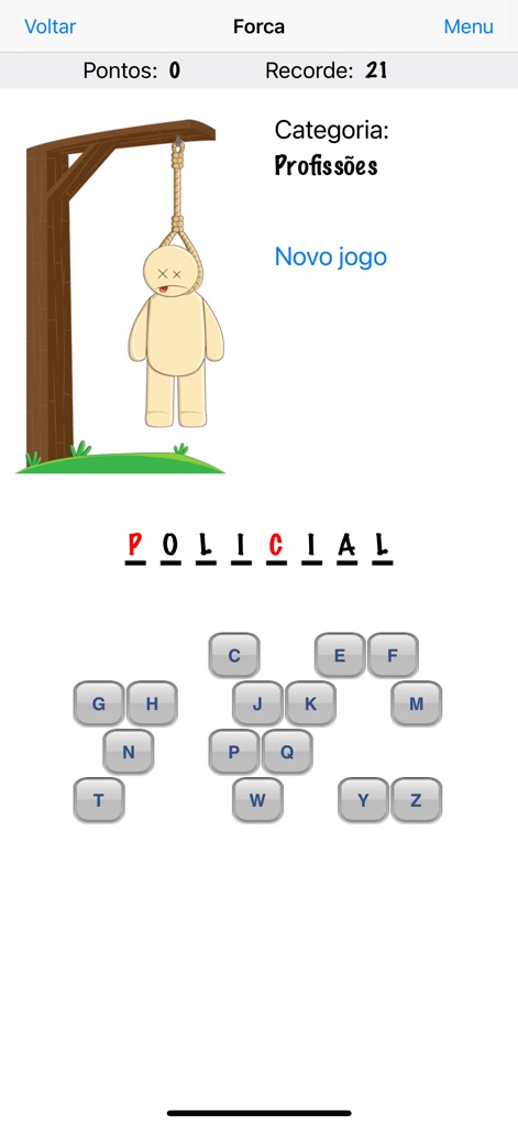Forca - O melhor jogo da forca - Experience the game's difficulty as the full hangman figure indicates a loss and incorrectly guessed letters are marked in red.