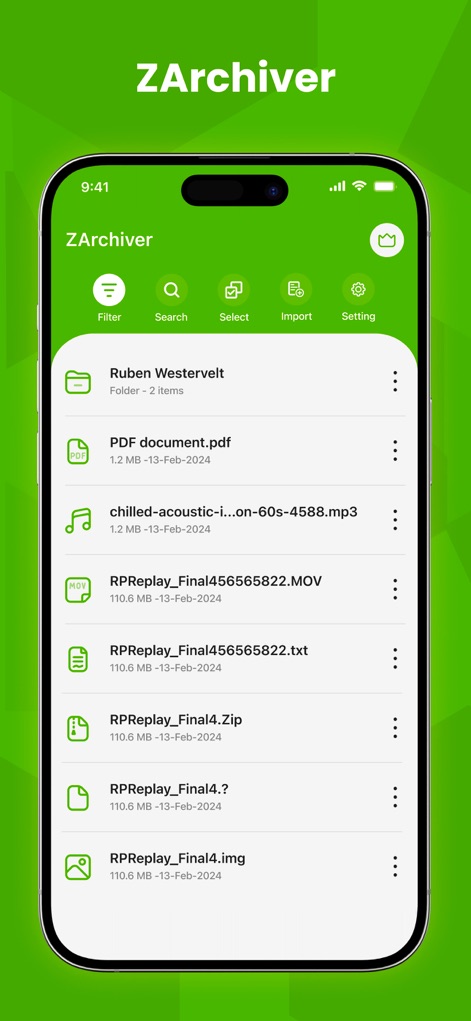 ZArchiver - See how the app neatly organizes diverse file types like PDF documents and MP3 audio, alongside a convenient navigation bar for quick access to Filter and Search functions.