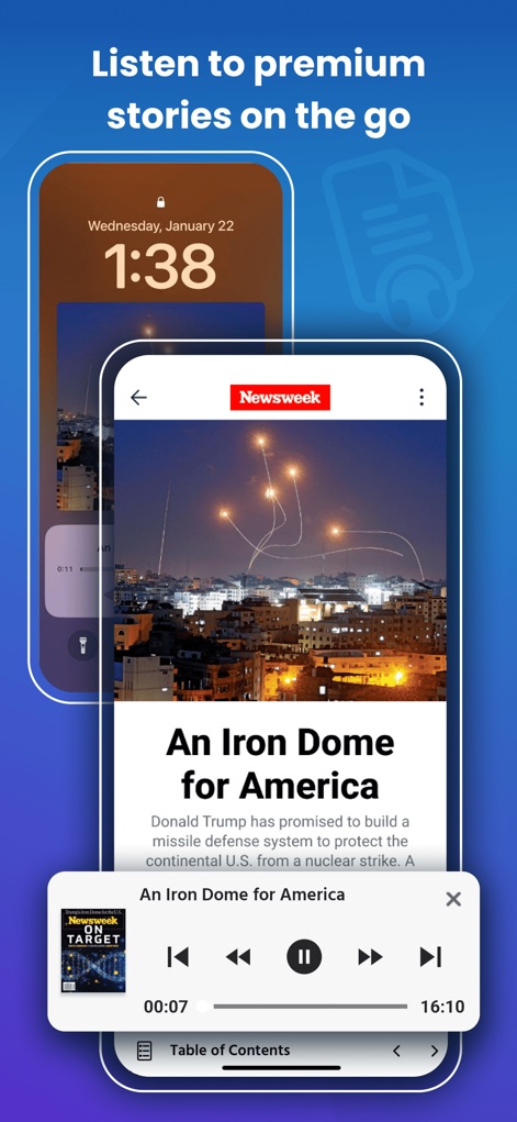Magzter: Magazines, Newspapers - The app provides an integrated audio player for users to "Listen to premium stories on the go," complete with intuitive playback controls and "Table of Contents" access for seamless navigation.