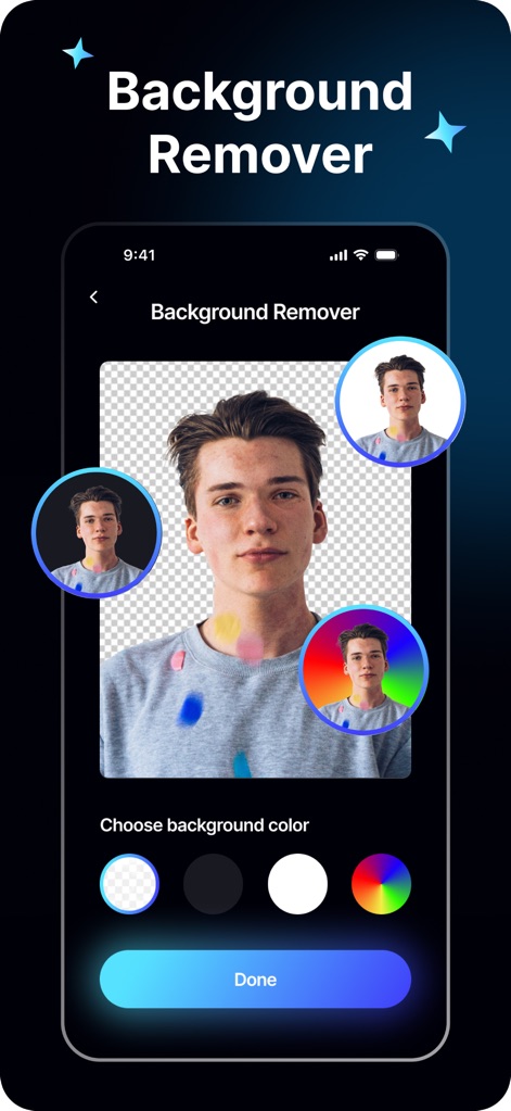 Topz AI: Photo Video Enhancer - O recurso de "remoção de fundo" é demonstrado, com a opção de "escolher novas cores" ou deixar o fundo transparente para "edições personalizadas".