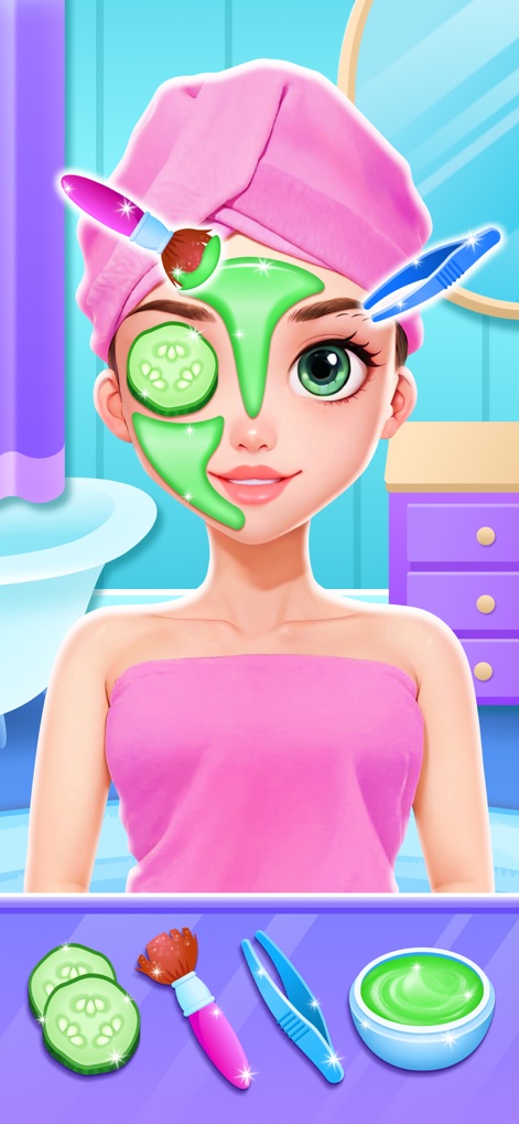Beauty Salon Games for Girls - この画面では、ユーザーはモデルに癒しのフェイシャルケアを施すことができます。リフレッシュ効果のあるフェイスマスクを塗布し、目元にはキュウリスライスを置いて美容体験を楽しめます。