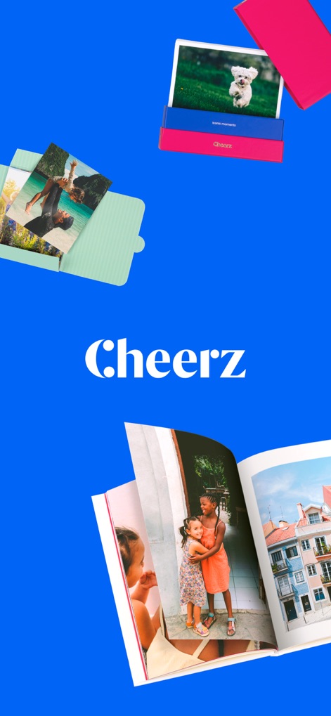 CHEERZ - Photo Printing - Esta captura presenta la marca con su logo central "Cheerz", acompañada de productos fotográficos tangibles como un álbum abierto y pequeños impresiones, evocando la materialización de recuerdos.