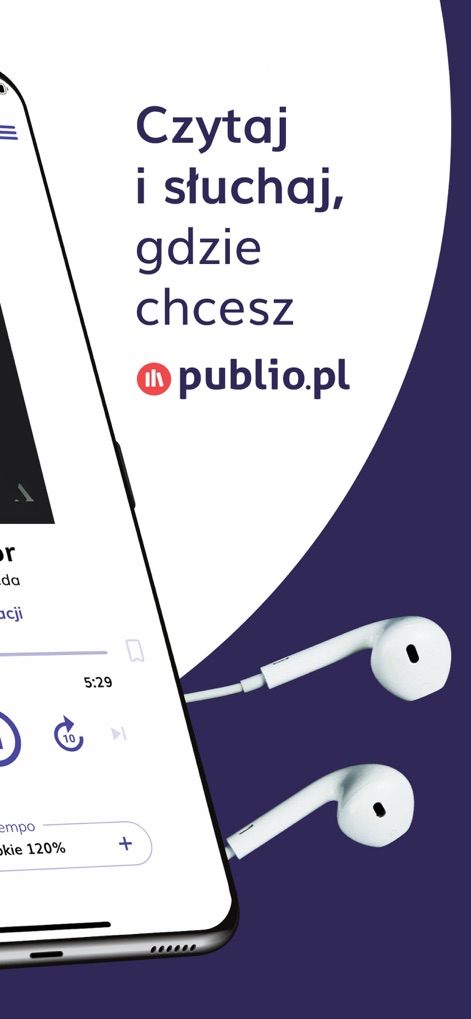 Publio - ebooki, audiobooki - 이 이미지는 이동 중에도 오디오북을 즐기는 모습을 나타내며, 앱은 편리한 이어버드 연결과 직관적인 재생 인터페이스를 제공하여 사용자가 원하는 곳 어디에서든 콘텐츠를 이용할 수 있도록 합니다.