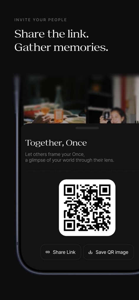 Once - Disposable Camera Event - This interface simplifies guest onboarding by providing a scannable QR code and direct share links, ensuring participants can join events effortlessly.