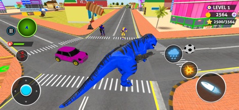 Dino Game & Robots Simulator - Witness intense combat as the blue dino character navigates a vibrant city street, utilizing intuitive game controls for action-packed gameplay.