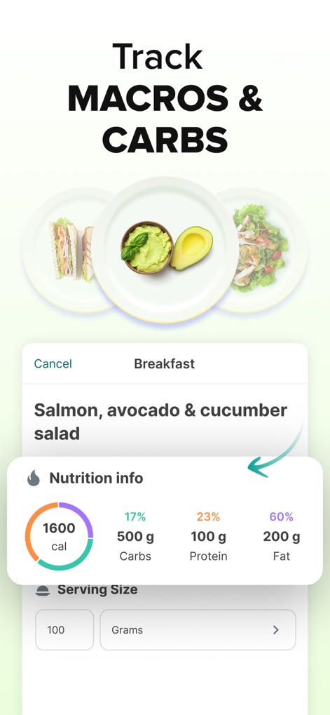 ‎Calorie Counter: Food Tracker - La aplicación ofrece un desglose nutricional exhaustivo, donde los usuarios pueden ver el total de calorías (1600 cal) y la distribución específica de macronutrientes como los carbohidratos (17% / 500 g) y la grasa (60%).