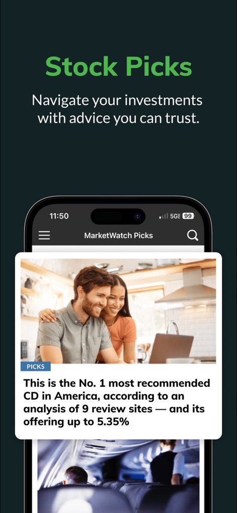 MarketWatch - News & Data - Users receive curated investment advice through prominently labeled 'Picks' articles, offering guidance like the headline for the 'No. 1 most recommended CD in America'.