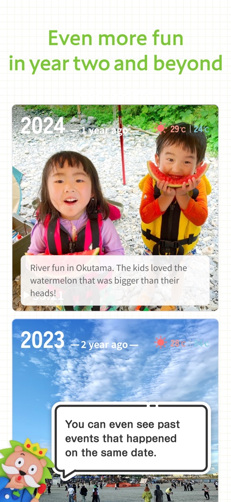 Hobonichi Techo App - Los usuarios pueden revisar recuerdos de años anteriores en la misma fecha, con entradas de 2024 y 2023 destacando momentos pasados.