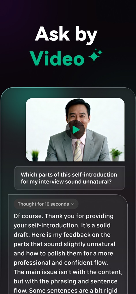 Chat AI 5: AI Agent & Video - La aplicación permite a los profesionales obtener retroalimentación detallada sobre contenido de video, como la auto-introducción para una entrevista, con el asistente analizando el video y proporcionando comentarios estructurados para mejorar la presentación.