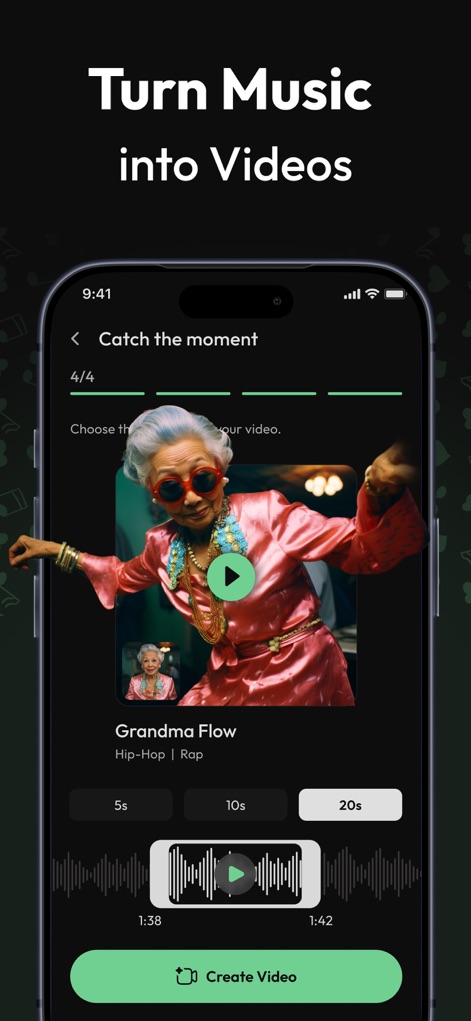 Beatron : AI Song, Music Maker - Dieser Screenshot demonstriert die Funktion "Turn Music into Videos" und zeigt die intuitive Oberfläche zur Auswahl der Videolänge und die Vorschau eines generierten Tanzvideos.